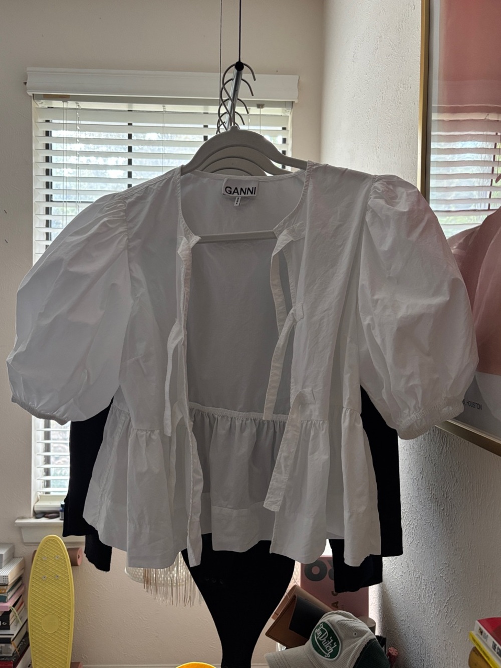 Ganni White Puff-Sleeve Poplin Tie-Front Cotton Shirt
